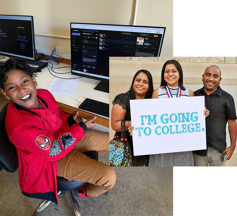 Student on computer smiling and people using I'm going to college